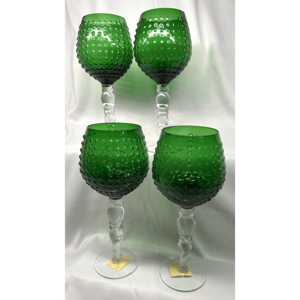 Emerald Green Bubble Glass-Goblet-Wine-Brandy Snifter-Pedestal Stem-Set of 4‎